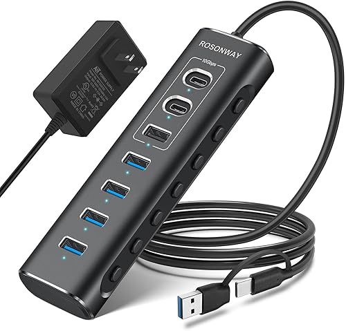 Concentrador USB alimentado, concentrador USB 3.2USB C de 7 puertos Rosonway con USB-A 3.2 de 10 Gbps, 2 USB-C 3.2, 4 puertos USB 3.0, interruptores