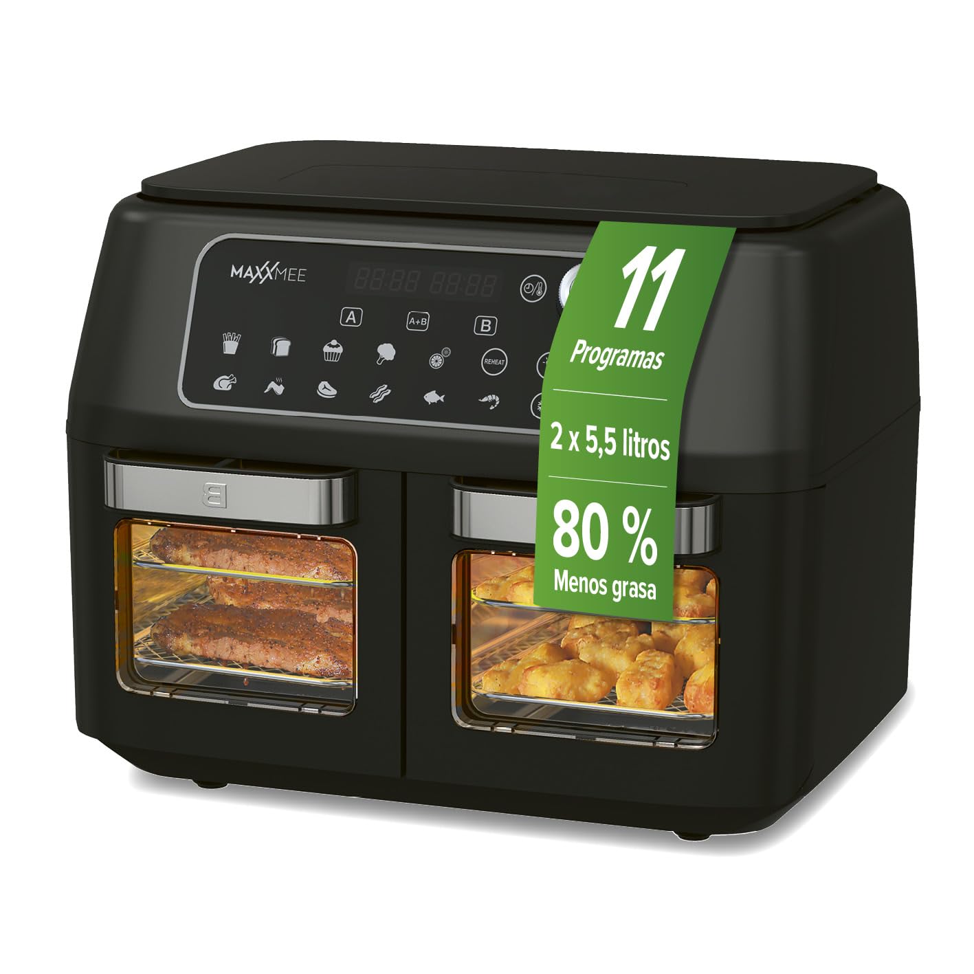 MAXXMEE Freidora de aire caliente de doble cámara 11 l | Combinación inteligente de horno de aire caliente, parrilla y freidora con 2 compartimentos XXL de 5,5 litros cada uno | Panel de control