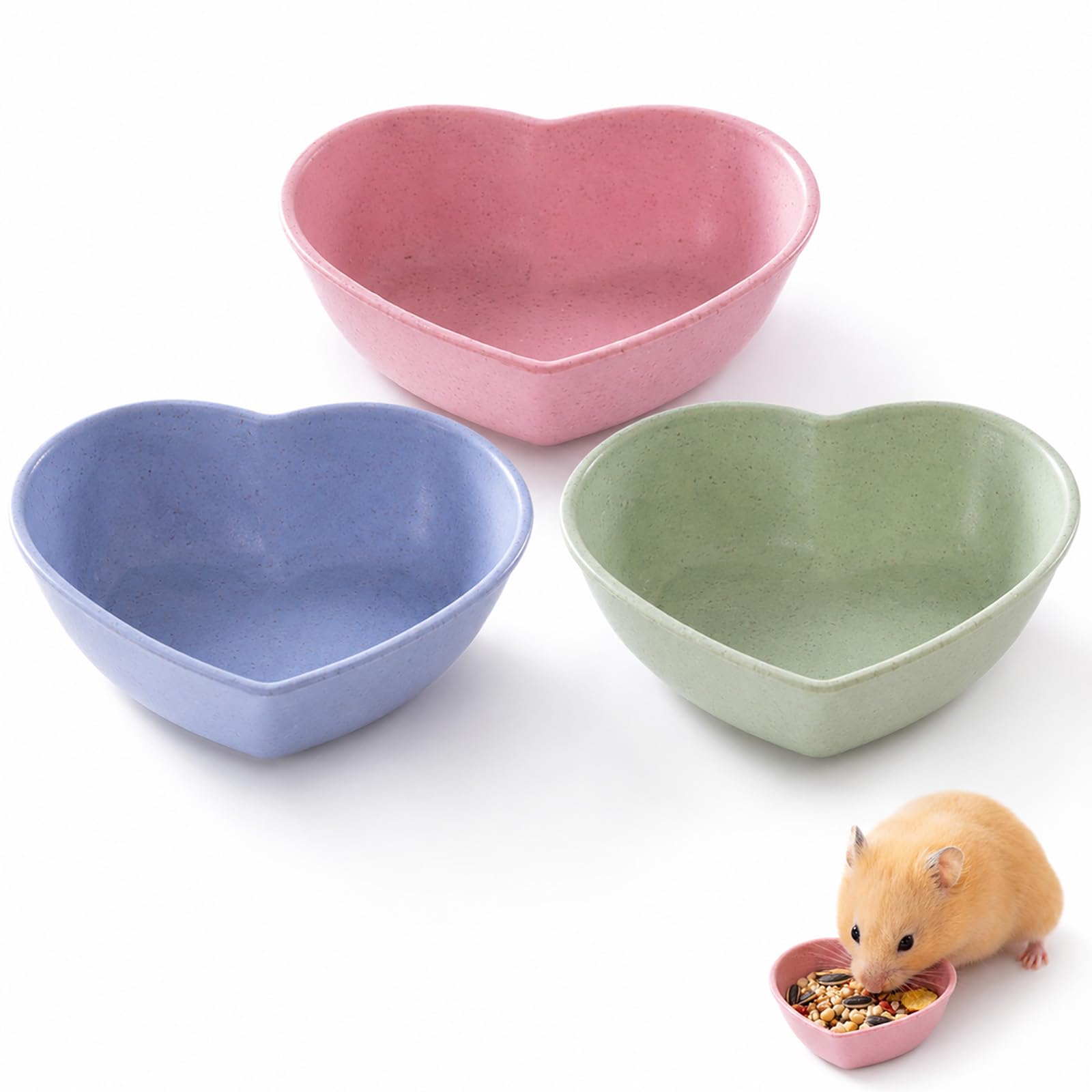 3 Pcs Heart Shaped Small Animal Food Bowls, Plastic Pet Feeding Dishes for Hamsters, Guinea Pigs, Hedgehogs, Gerbils, Rabbits (Blue, Green, Pink)