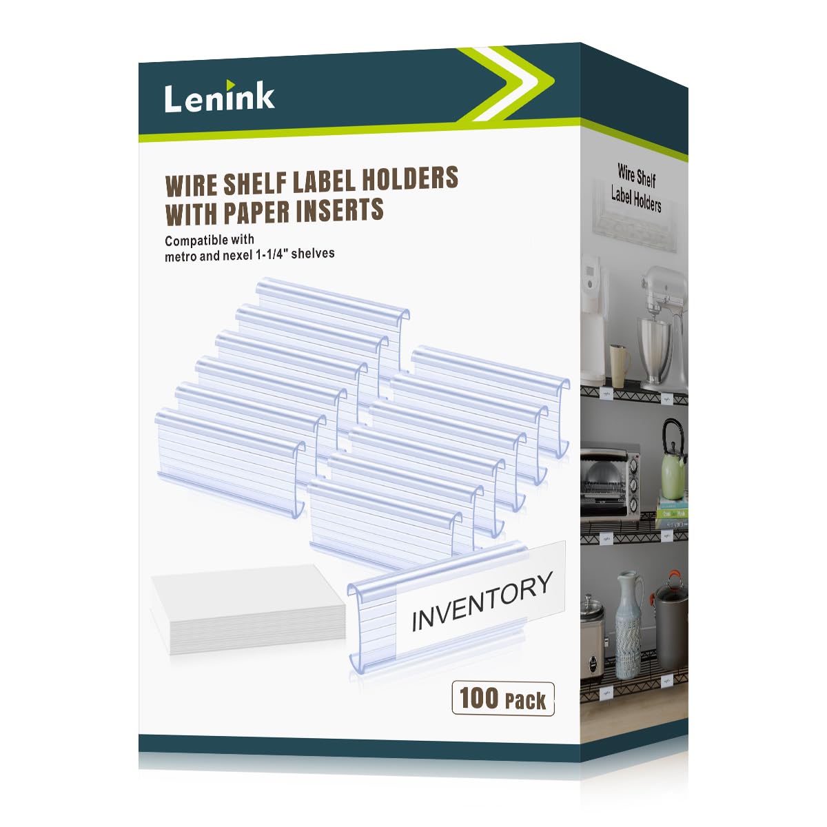 Lenink 100Pcs Wire Shelf Label Holders with 100Pcs Label Paper Inserts, Plastic Wire Rack Label Holder Compatible with Metro and Nexel 1-1/4in Shelves, Label Area 3in Lx1.25in H