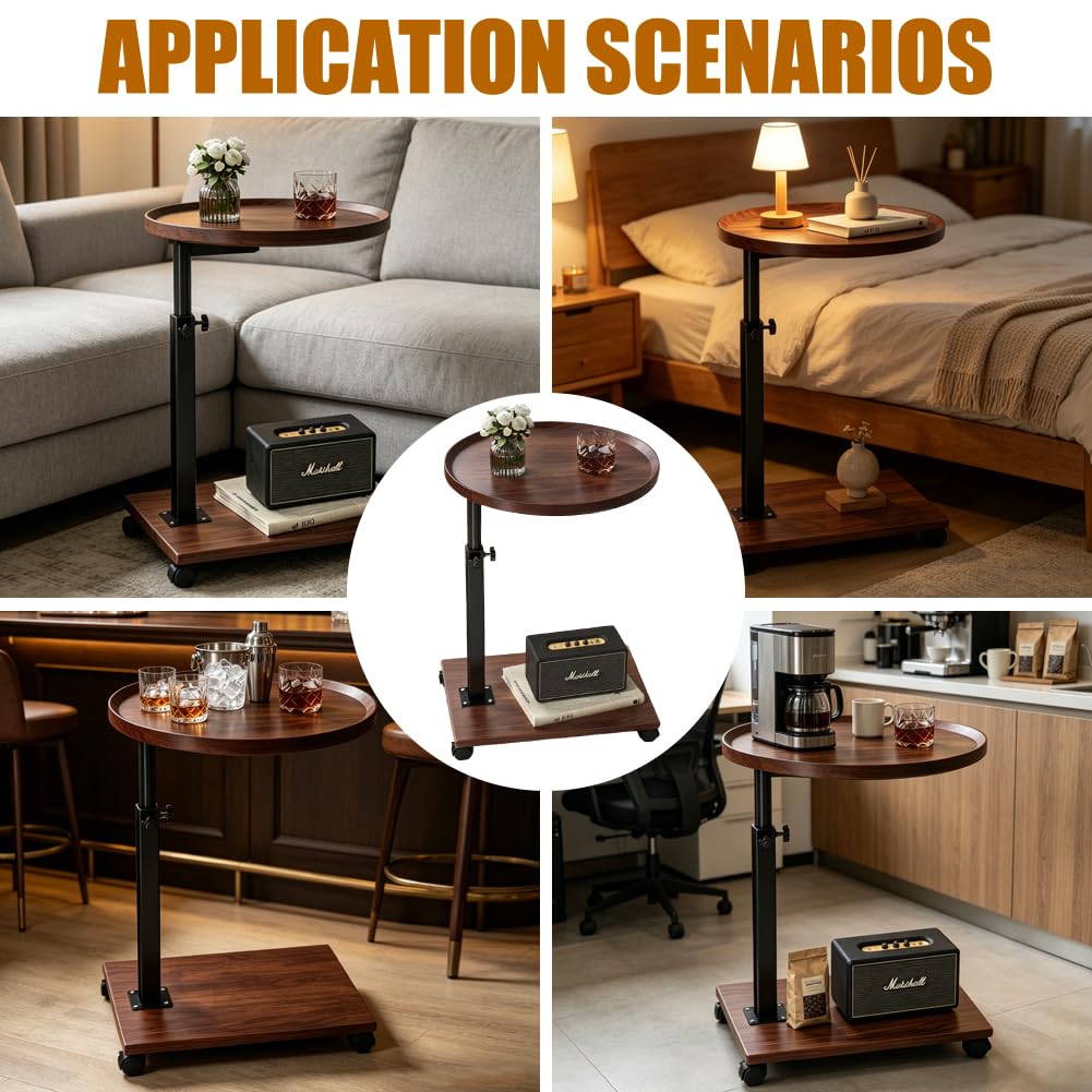 Mesa auxiliar giratoria de 360 grados, mesa auxiliar con ruedas, altura ajustable 45 – 80 cm, mesa de sofá en forma de C, mesa de centro redonda pequeña para sofá, cama y oficina en casa