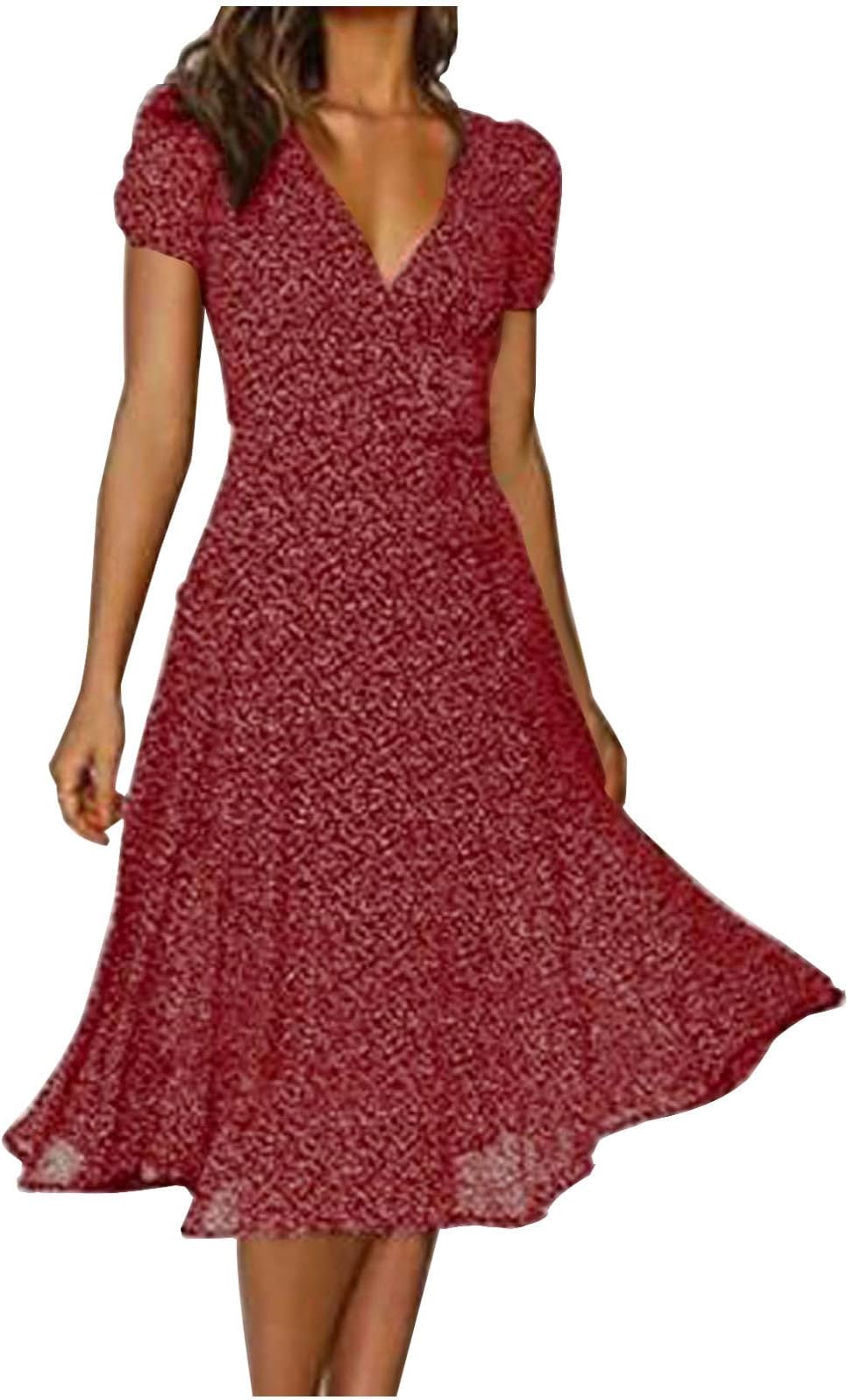 AMhomelySummer Dresses for Women UK Clearance Elegant V-Neck Bandage Print Casual Short Sleeve Dresses for Special Occasions Ladies Maxi Dresses Plus Size Petite Sexy Dress UK Size