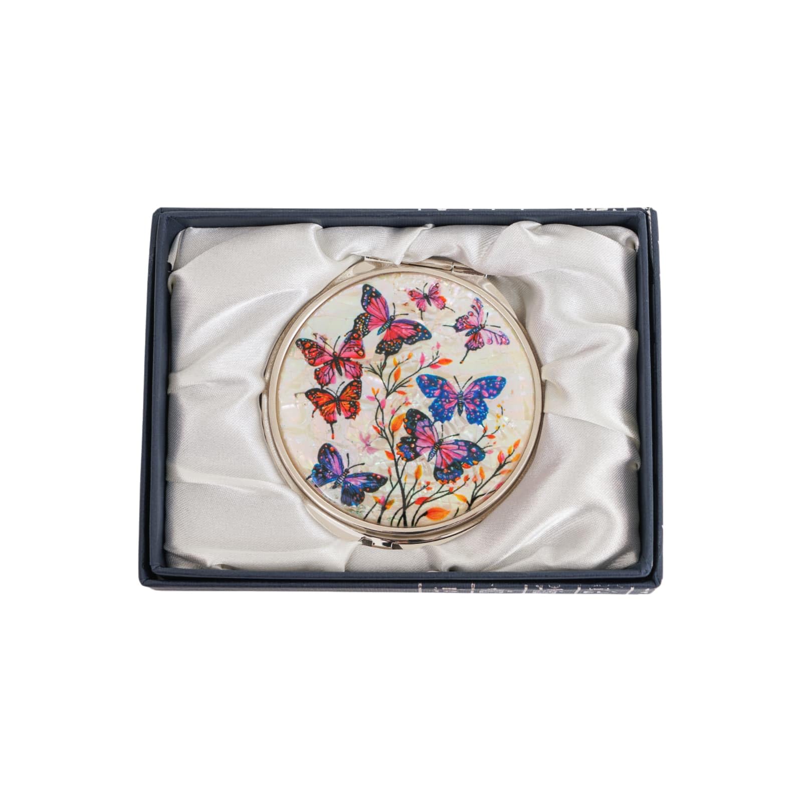 February Mountain Mother of Pearl Compact Mirror – Dual Magnification Gift for Women, Mom, Sister – Birthday or Christmas Idea (1, Butterfly Waltz)