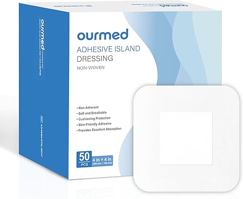 Apósito de Isla de Gasa con Borde 4"x 4" (Almohadilla Absorbente de 2"x 2"), Juego de 50, Apósito Estéril Autoadhesivo Altamente Absorbente, Sin