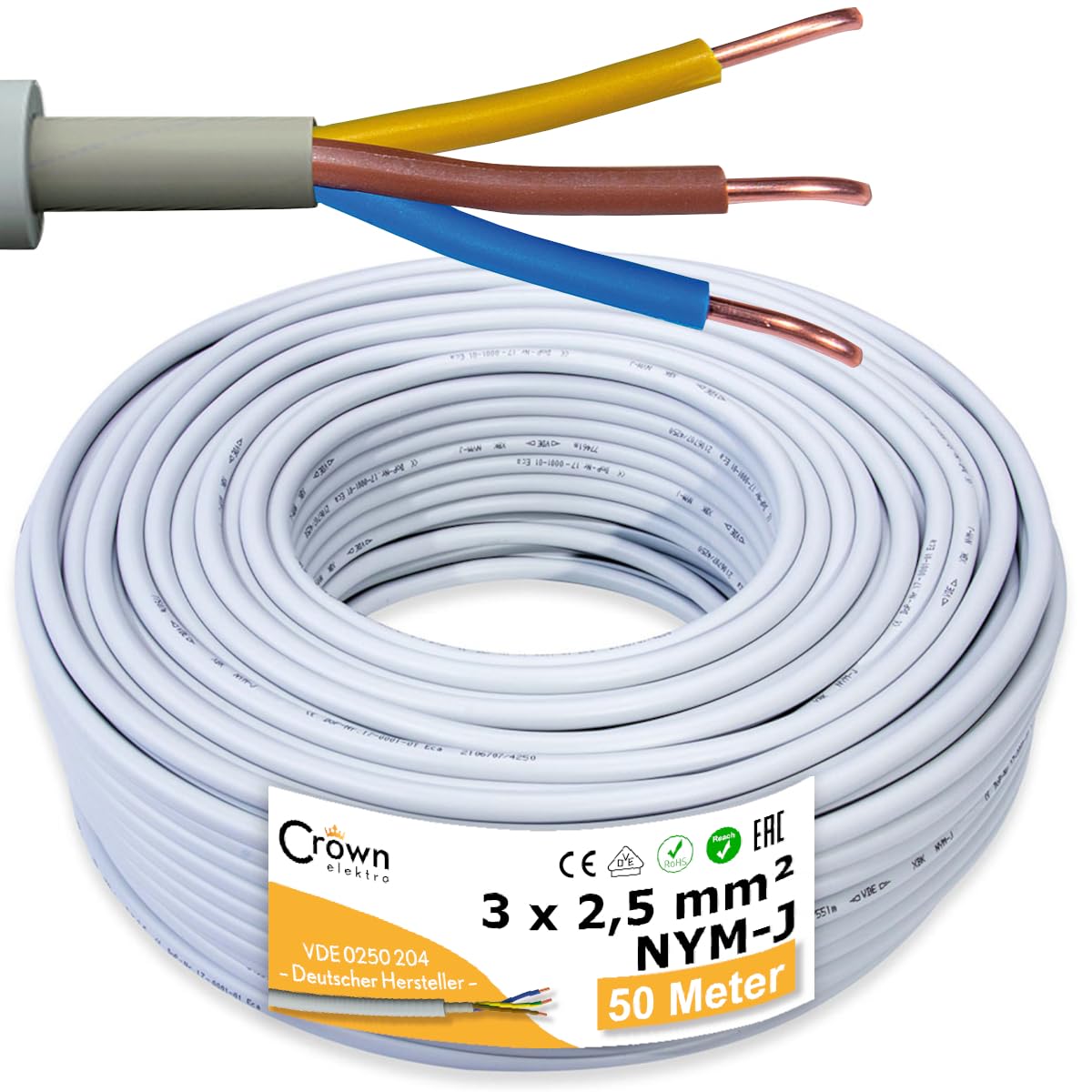 NYM-J 3x2,5mm² Kabel 50m Ring Mantelleitung | Feuchtraumkabel für 300V/500V | Elektrokabel 3-Adrig Kupfer | Stromkabel für Elektroinstallation in Hellgrau nach VDE 0250-204 & DIN EN 60332-1-2