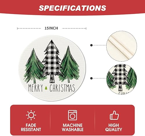 Miniatura 6 de Artoid Mode Juego de 4 manteles individuales redondos con diseño de árboles de Navidad a cuadros de búfalo de 15 pulgadas para decoración de comedor