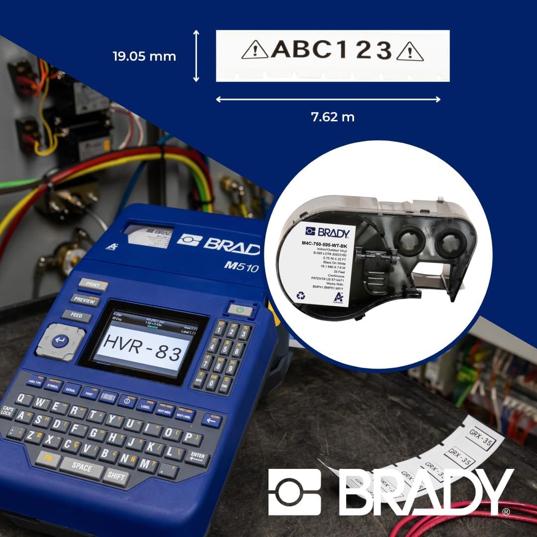 Brady Taśma do Drukarek Etykiet M410, M510, M511 – Samoprzylepne Etykiety Przemysłowe – Czarny na Białym (19,05 mm x 7,62 m) – M4C-750-595-WT-BK