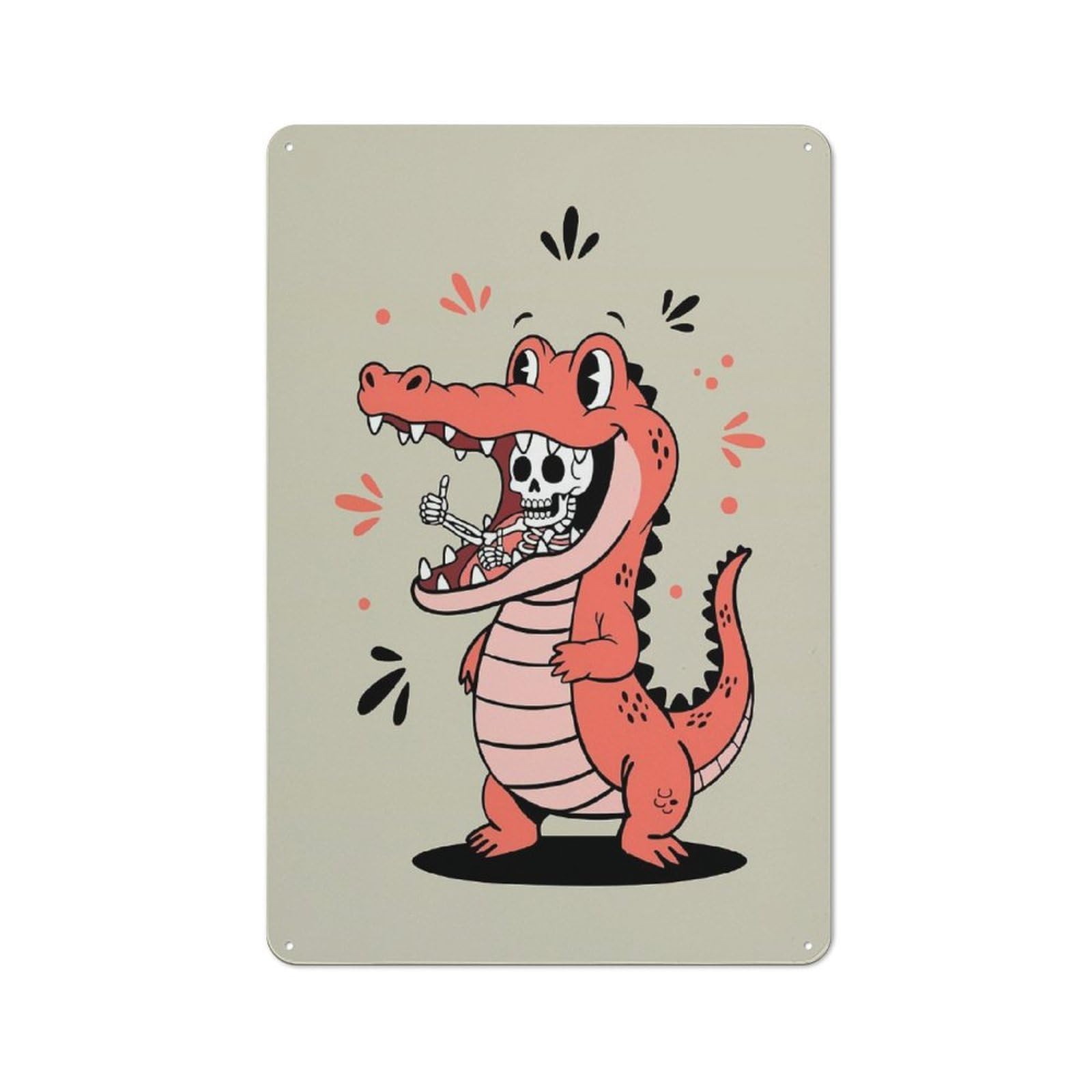 Junmoney Style-6 Industrial Cartoon Alligator Eating Skeleton Thumbs Up Decorative Metal Plaque 30X20cm, Studio Wall Art For Flat, Bar, Studio Or Gallery Wall