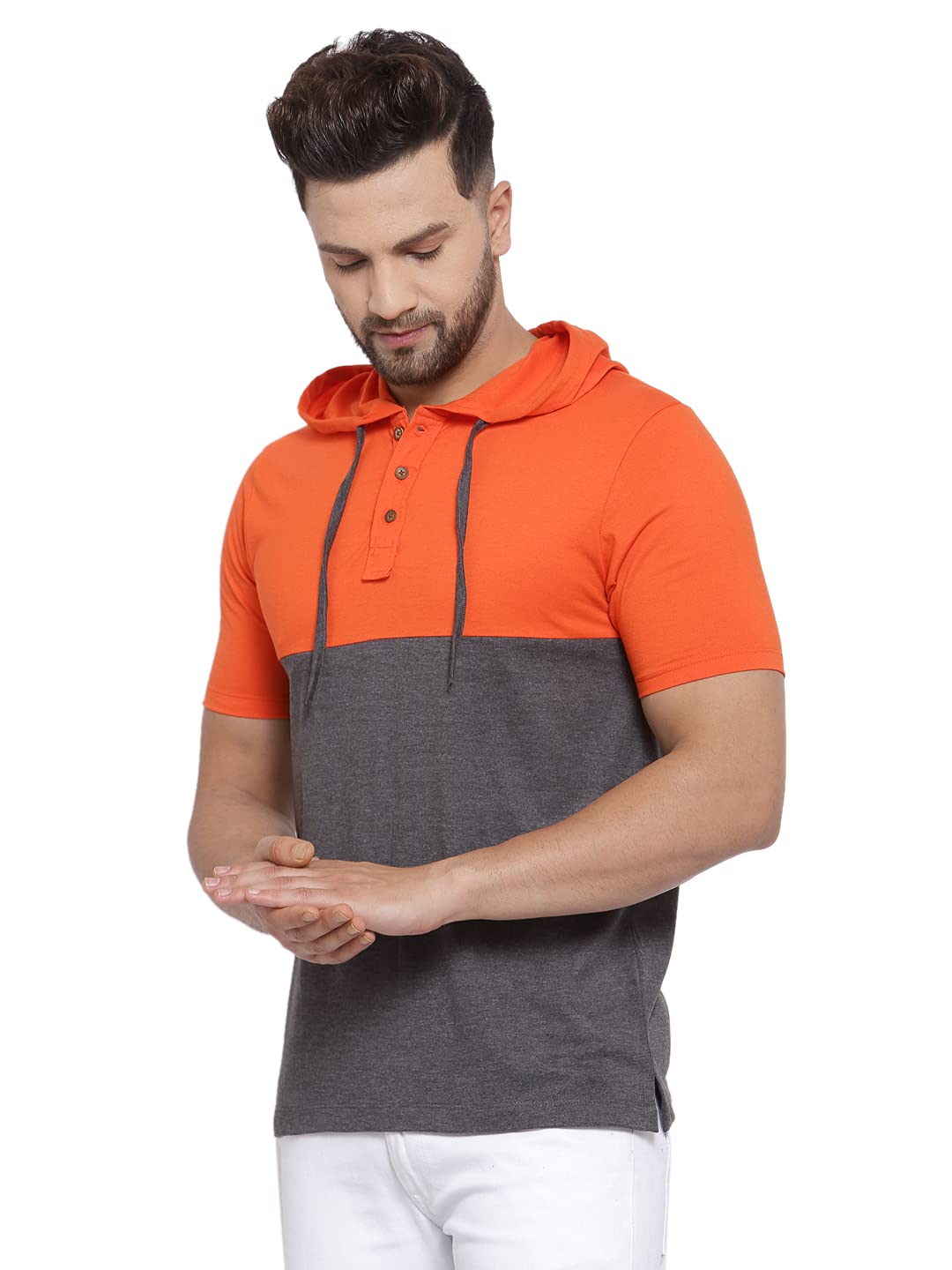 Men Half Sleeves Dual Colour Cotton Blend Hoodie(Dark Grey::Orange)-image-4