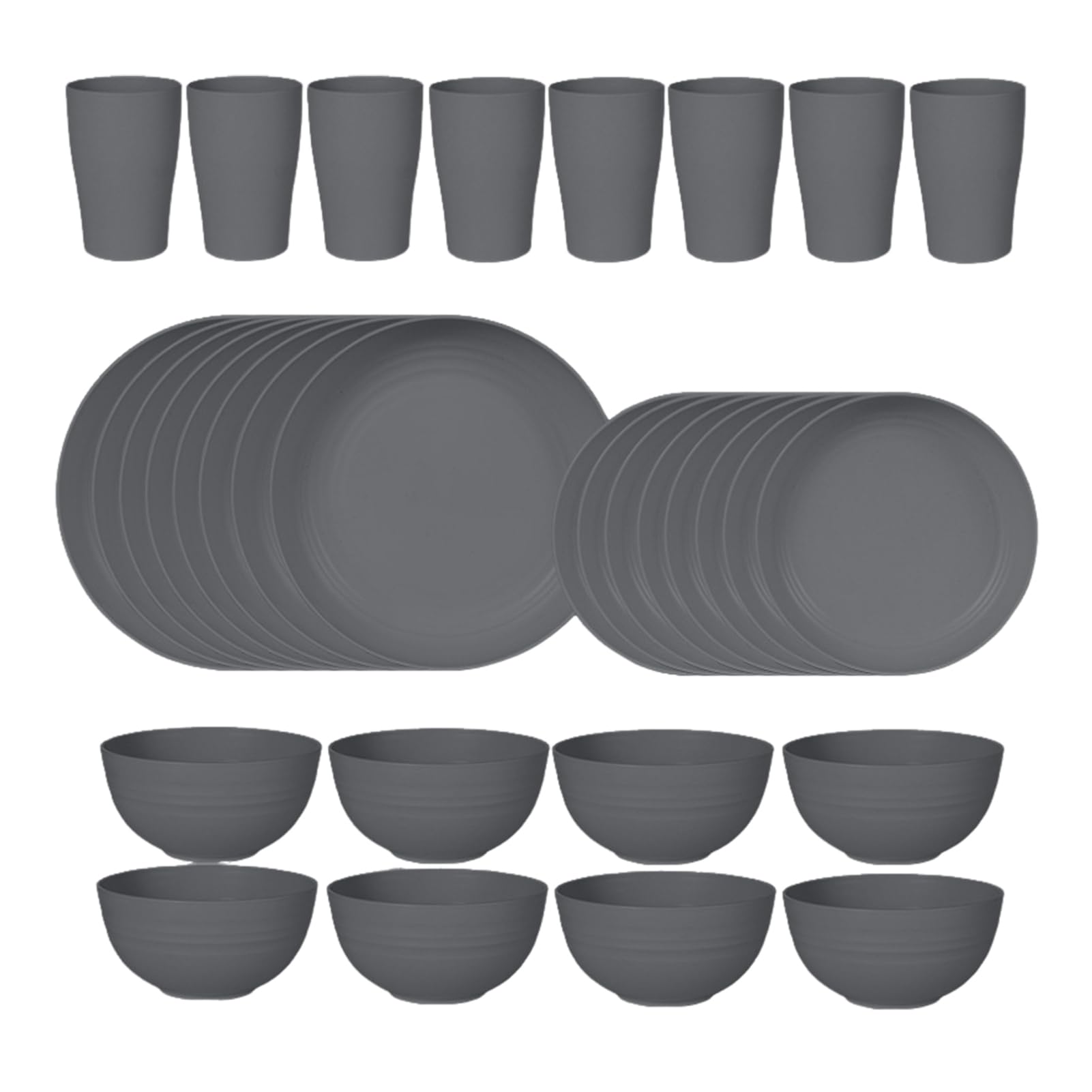 Juego de vajilla de plástico de 32 piezas, platos reutilizables para 8 personas, platos de plástico irrompible para camping, picnics, fiestas, reuniones familiares, gris oscuro