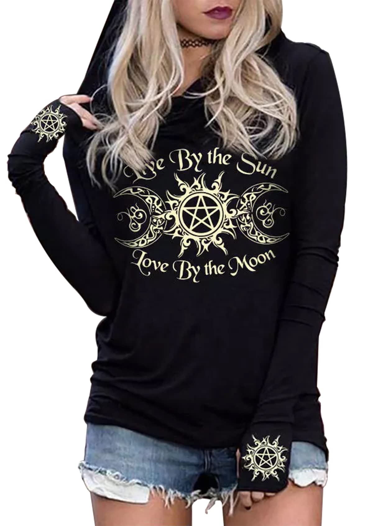 Long Sleeve Gothic Hoodie for Women Live by The Sun Love by The Moon Hoodie Shirts Gothic Novelty Graphic T-Shirt