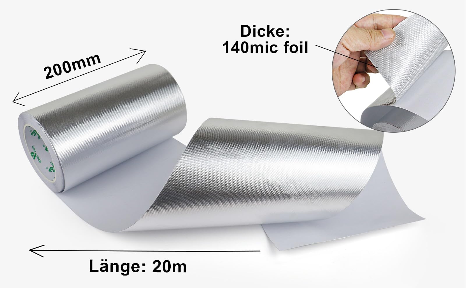 BOMEI PACK Cinta de aluminio reforzada, 200 mm x 20 m, resistente al calor, impermeable, para reparar superficies metálicas, sellar, reparar y aislar