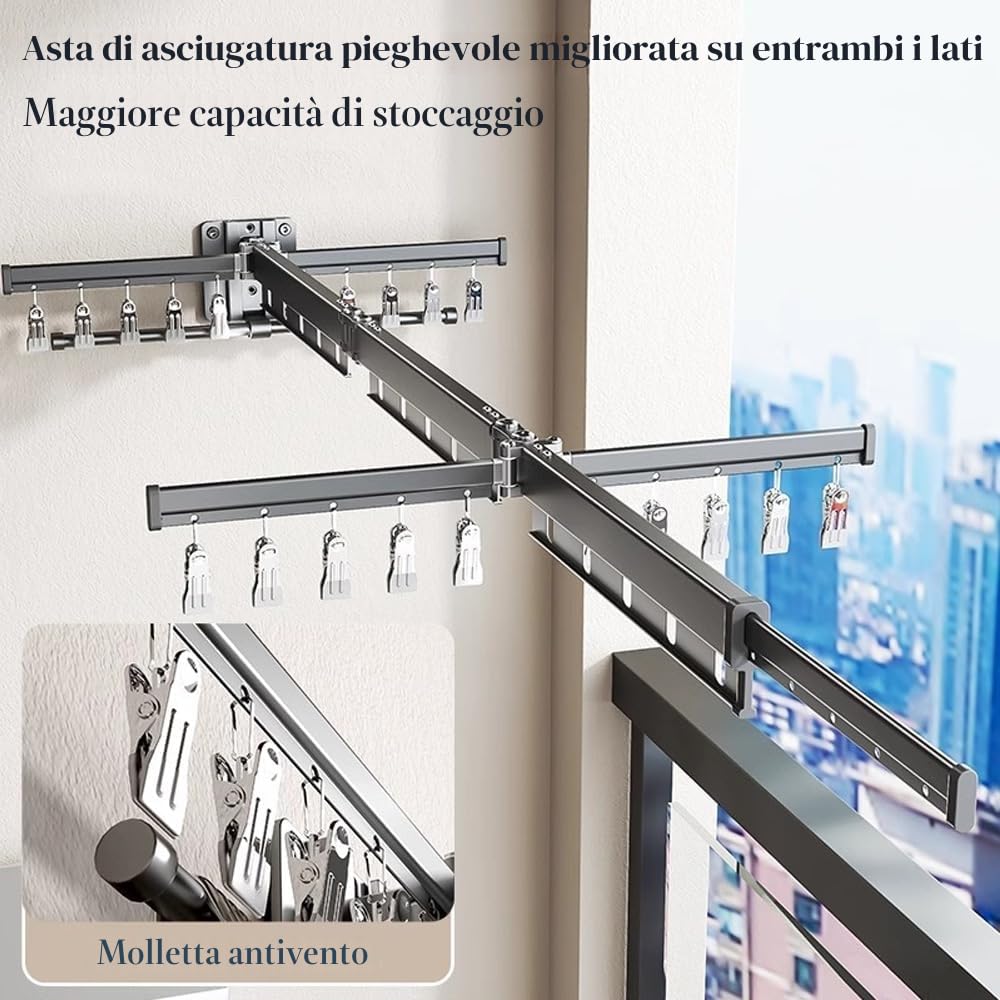 Hggzeg Stendibiancheria da parete, retrattile, con ganci, girevole a 360°, pieghevole in tre parti, per balcone, lavanderia, bagno (grigio)
