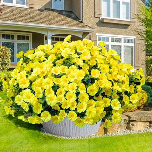 Artificial Flowers for Outdoors16 Bundles of UV-Resistant Silk Morning Glory with Eucalyptus-Realistic Faux Plants as Perfect Filler for Home Planter Porch & Garden Decor (Yellow) image 7