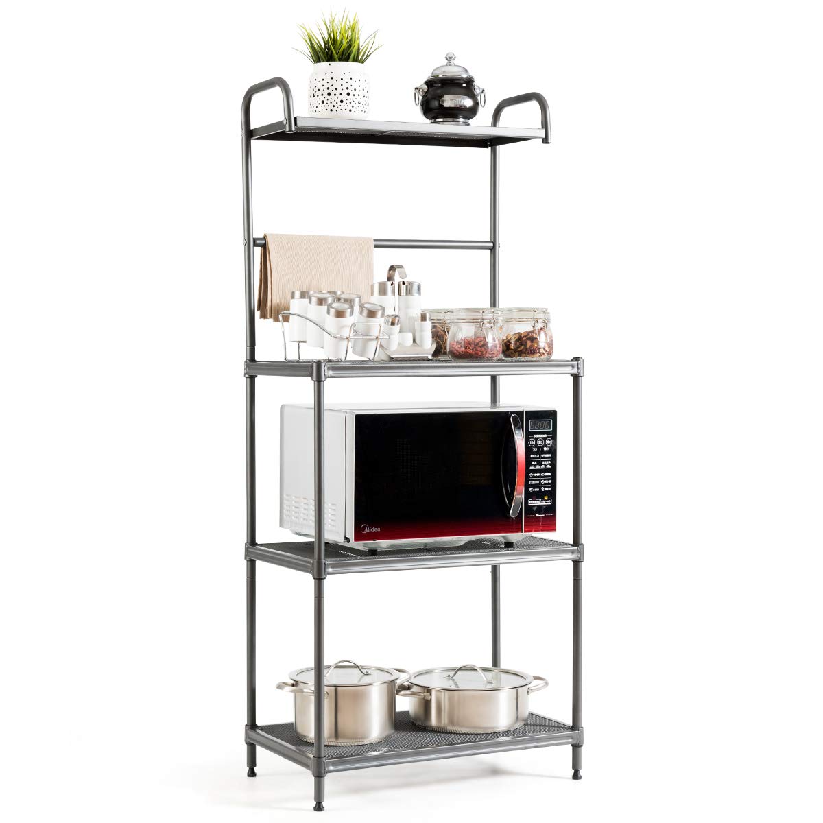 COSTWAY Magnetronstandaard, 4-traps, keukenrek, metaal, staand rek met verstelbare planken, vrijstaand huishoudrek, magnetronrek, keuken, rek voor magnetron, 59 x 34 x 136 cm (grijs