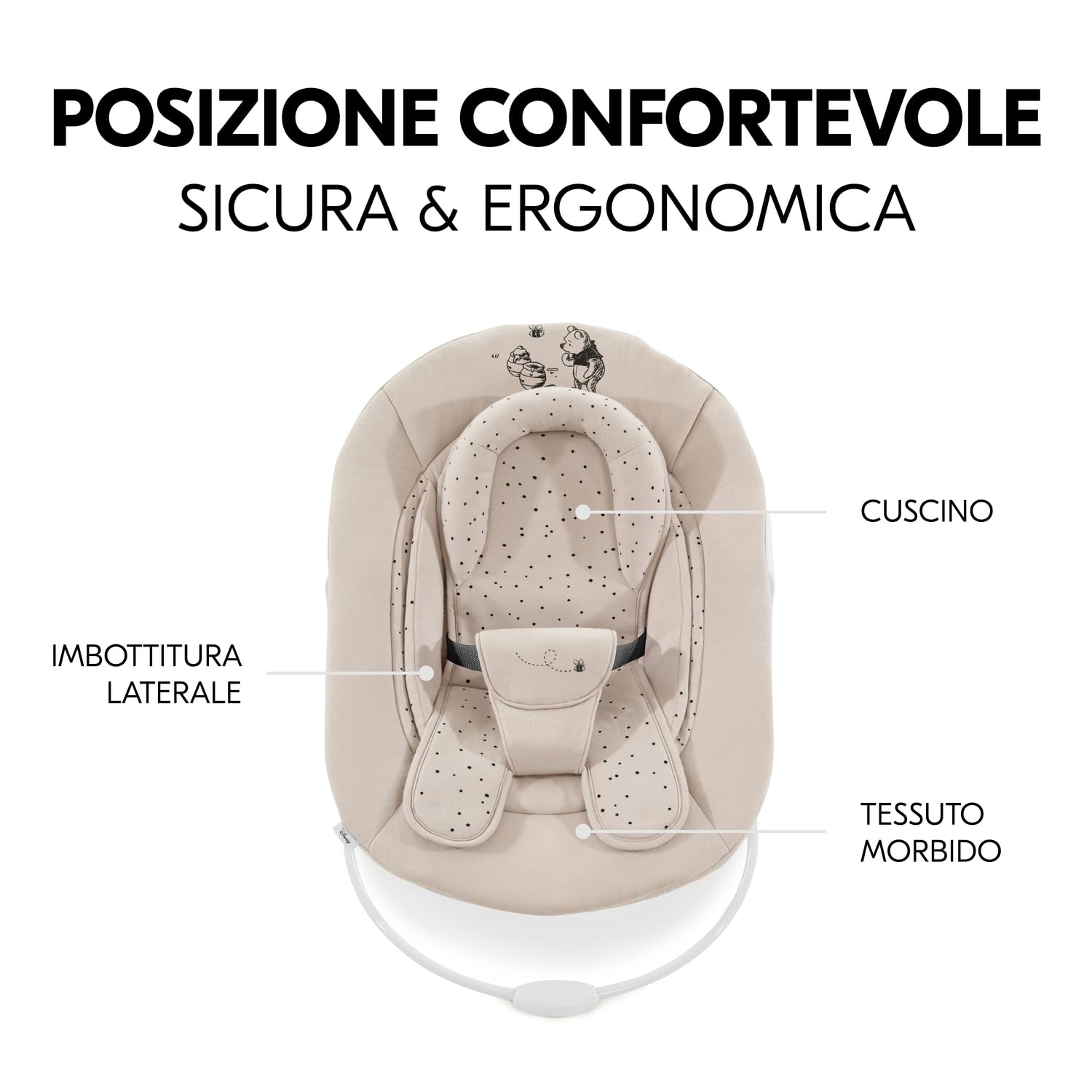 hauck Alpha Bouncer 2in1, Disney Winnie the Pooh - Sdraietta Neonato con Base Dondolo Compatibile con Seggioloni Pappa Alpha+ e Beta+ da 0 Mesi fino a 9 kg con Cintura a 3 Punti e Riduttore di Seduta