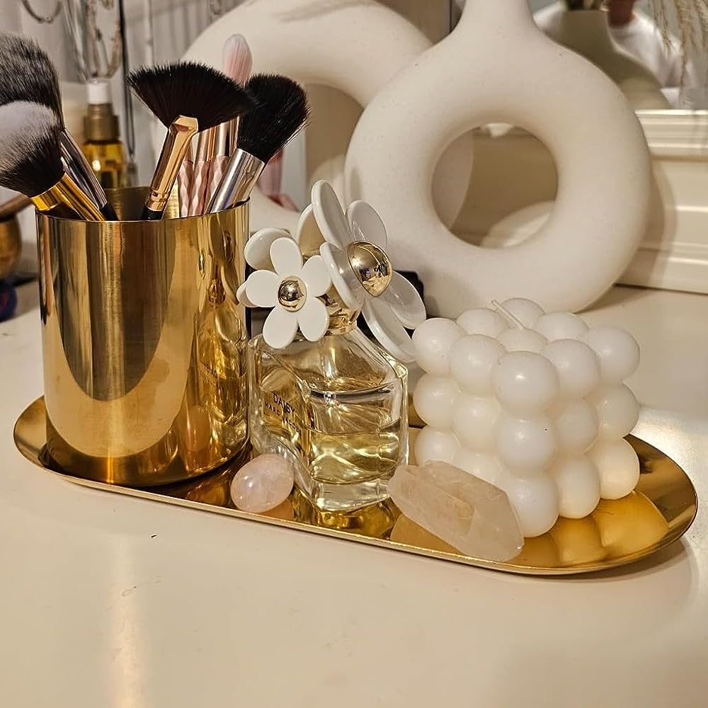 FAURAPMNG 2 Pcs Stainless Steel Decorative Tray, 22CM Length, Gold Oval Jewelry Dish Cosmetics Storage Organizer Dish, Makeup Cosmetic Trays, Towel Napkin Tray, Bathroom Platter Storage Tray 1