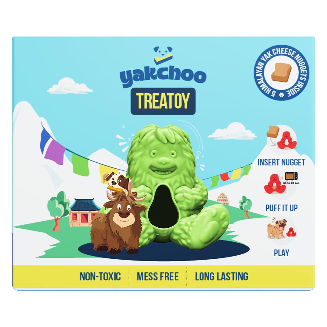 Yakchoo Treatoy for Dogs (Green) | BPA Free Interactive Chew Toy with Natural Himalayan Cheese Treat | Durable, Gentle on Gums, Fun Training & Dental Toy | Includes 5 Yak Cheese Nuggets