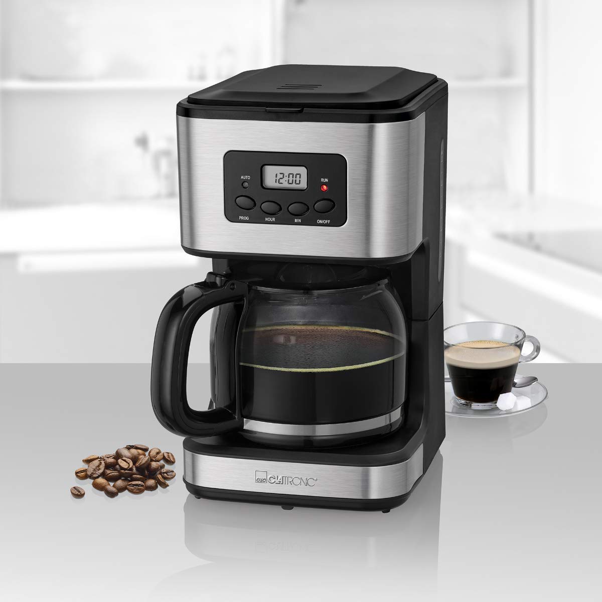 Clatronic KA 3642 Cafétera Programable Eléctrica de Goteo Automática, 900 W, Acero inoxidable, Gris/Negro