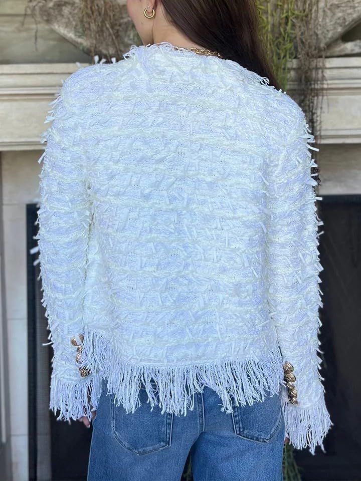 Womens Long Sleeve Open Front Cropped Fringe Trim Jacket Work Office Casual Blazer 2025 Fashion Fuzzy Coat Jacket3