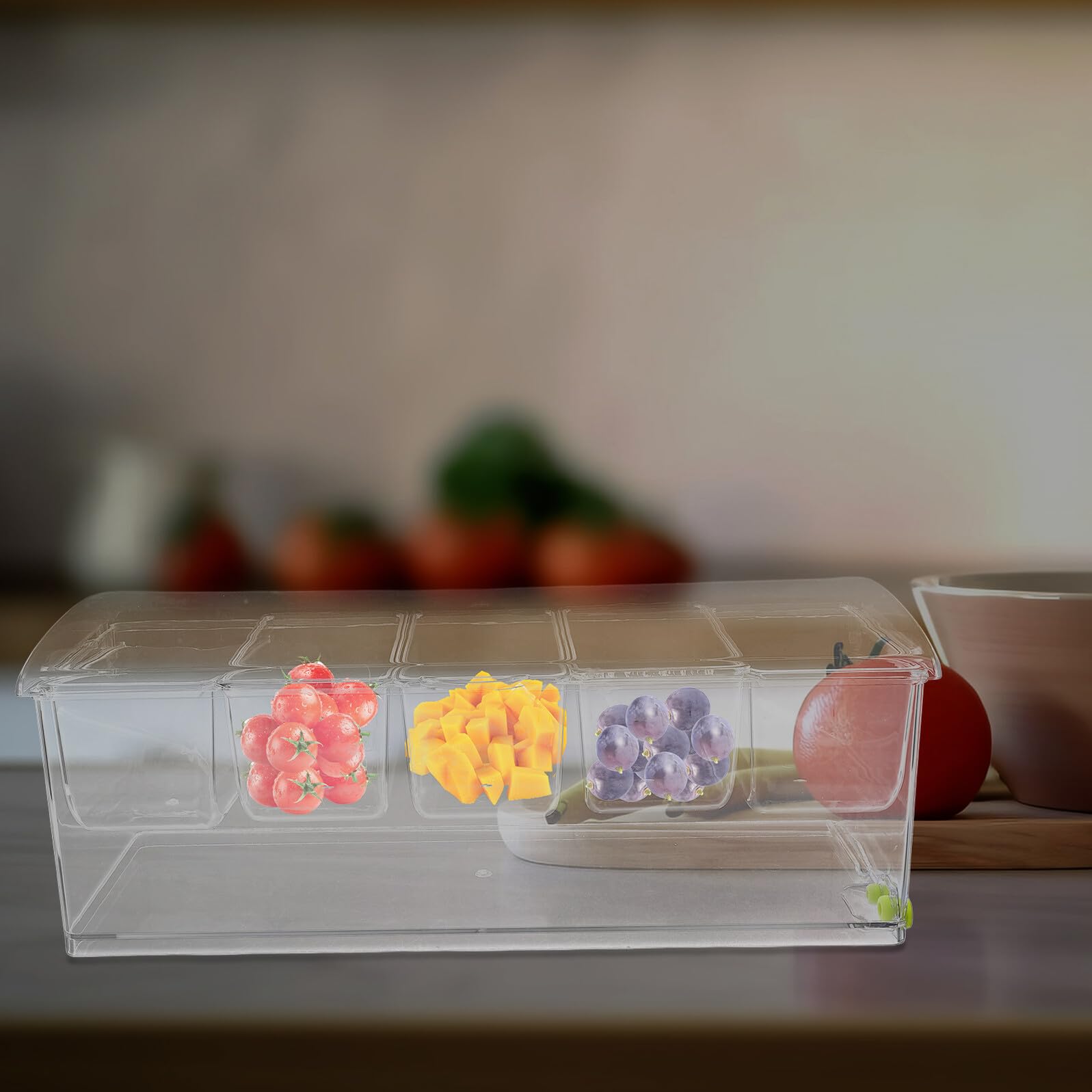 Vassoio Refrigerato per Servire con Coperchio Contenitore Diviso per Condimenti Scomparti in Plastica Trasparente Organizer Ghiacciato per Bar Frutta e Buffet per Eventi e Feste