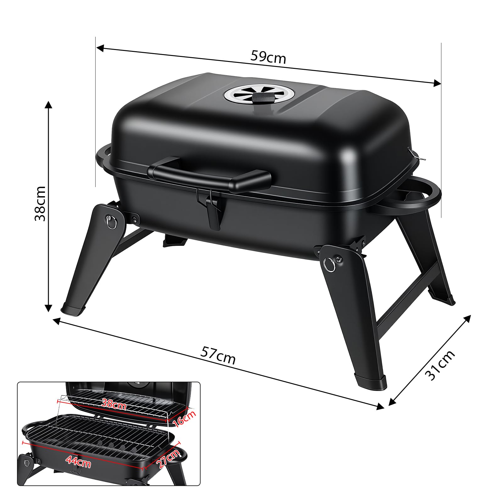 ERWEY Grill kempingowy, przenośny grill na węgiel drzewny, funkcja 2 w 1 jako grill i piekarnik, grill składany z drewnianą rączką do użytku na kempingu, na świeżym powietrzu i w ogrodzie, czarny