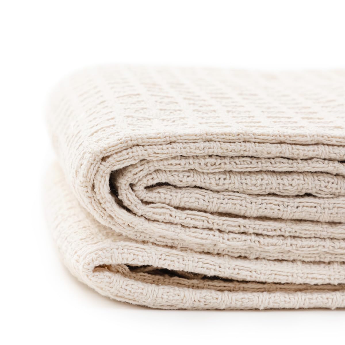 HOMLA Vaffel Bawełniany pled z frędzlami – miękki koc na kanapę i łóżko – subtelna dzianina bawełniana – 130 x 170 cm – naturalny kolor