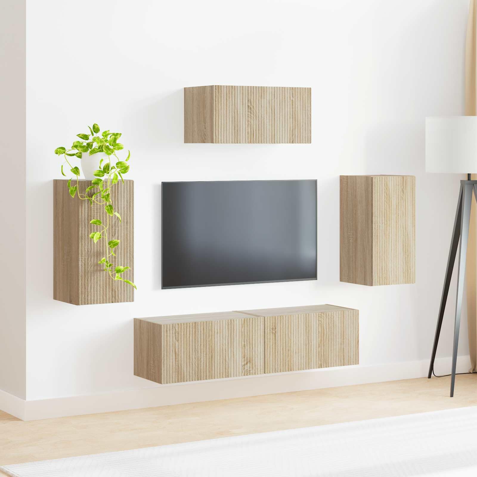 Moderno mueble de TV montado en la pared de 5 piezas en roble Sonoma de madera, compuesto por dos armarios de pared y tres armarios de TV para un amplio almacenamiento de dispositivos