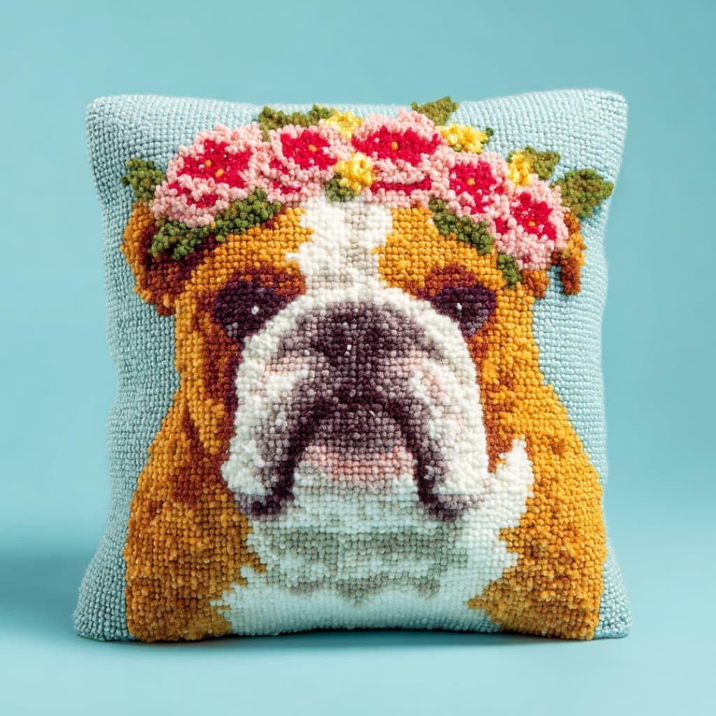 Taxpy DIY Latch Hook Pillow Kit Pre-Printed Hook and Latch Rug Kits Bulldog 17X17 Inch.Cross-Stitch Embroidery Cushion Cover for Home Sofa Decoration