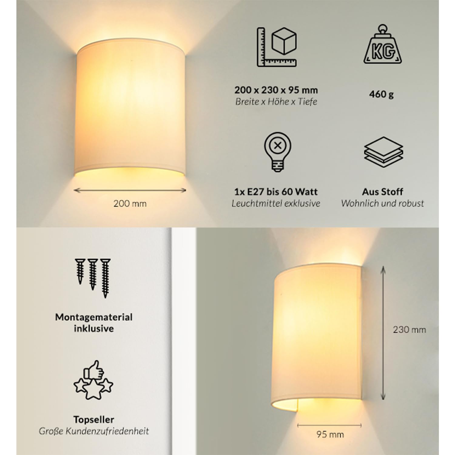 Licht-Erlebnisse Wandleuchte Weiß Creme, Stoff Lampenschirm, Wandlampe E27, H:23 cm, Up Down Leuchte, blendarm, gemütlich, Wohnzimmer, Wandlampe Schlafzimmer
