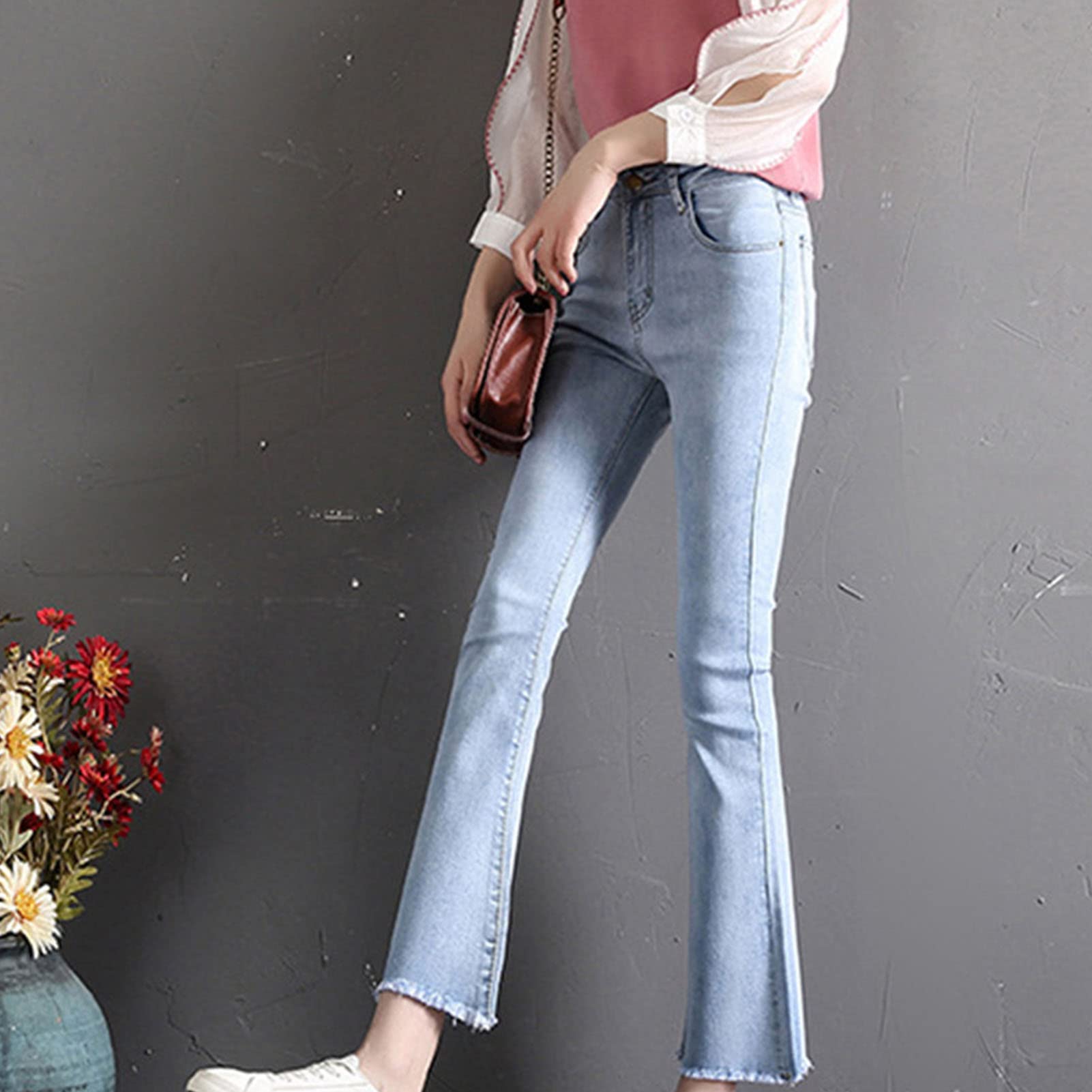 Maiyifu-GJ Women's High Waist Ankle Flare Denim Jeans Skinny Bell Bottom Pencil Denim Pants Destroyed Raw Hem Jean Trousers (Light Blue,28)