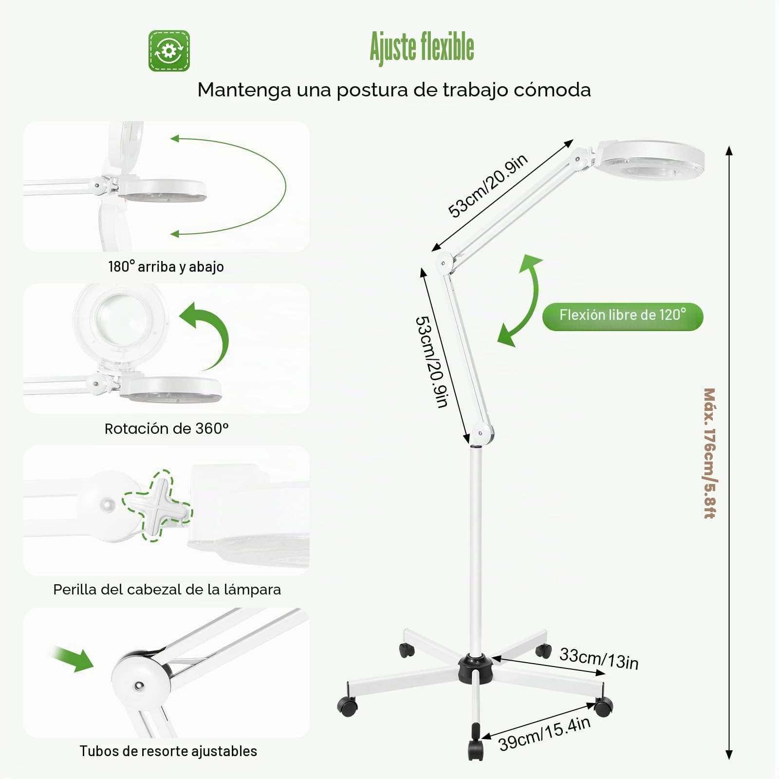 8 lámparas LED con lupa con luz, 24 W, lámpara de mesa con lupa, lámpara de pie para estudio de belleza, aumento 8X, ahorro de energía, con ruedas y brazo ajustable.
