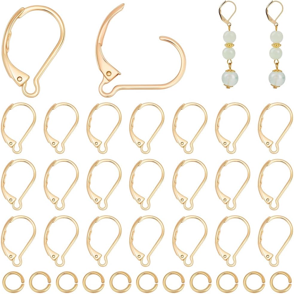 Beebeecraft 1 Box 30Pcs Leverback French Earring Hooks Real 24K Gold Plated Stainless Steel Ear Wires Hook Findings with 30Pcs Brass Jump Rings for Jewelry Making Earrings DIY Crafts Supplies