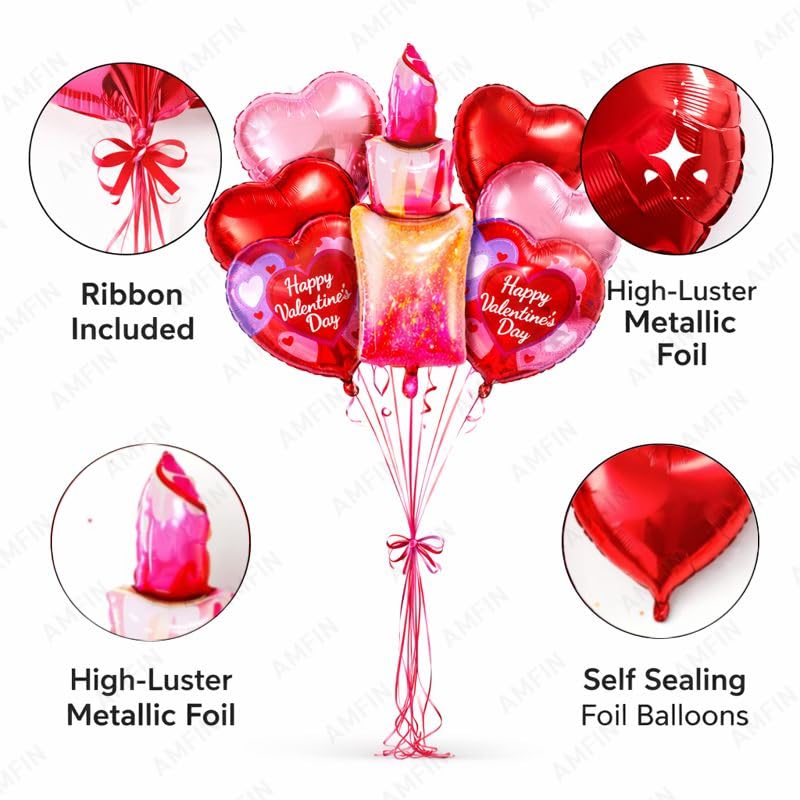 Image of AMFIN (Pack of 7) Happy Valentine's Day Balloon Decoration Set | Romantic Heart Foil Bouquet Metallic Helium Bunch Proposal Anniversary Celebration Party Decor - Red Purple
