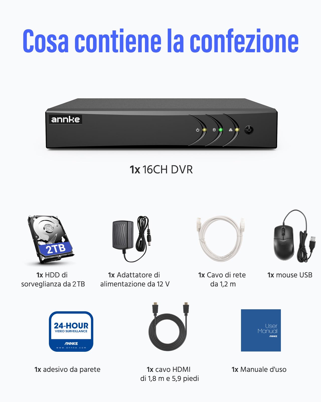 ANNKE TVI 3MP DVR Sorveglianza 3 MP 16 Canali Digital Video Recorder 3MP DVR Sorveglianza Videosorveglianza 5-in-1 TVI/CVI/AHD/CVBS/IP Email Allarme Cloud Storage H.264＋2TB HDD