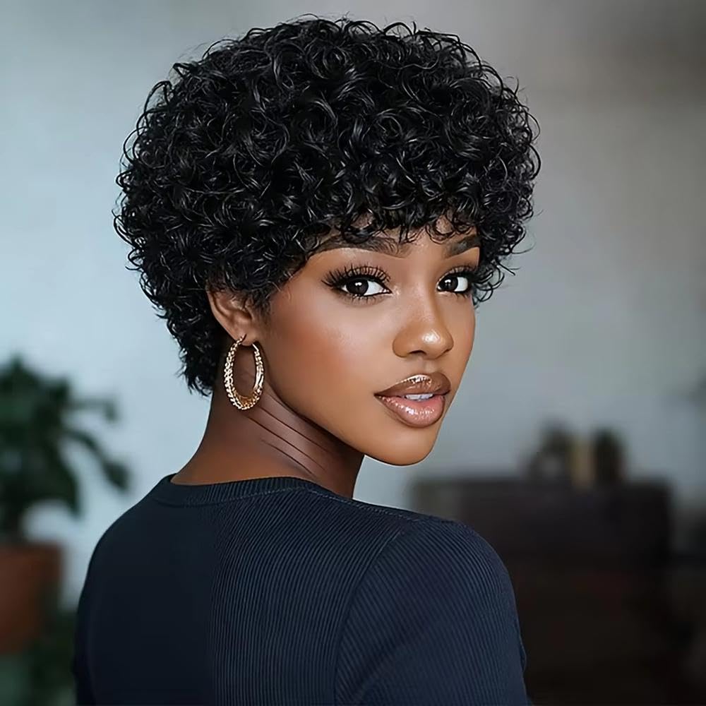 Accesorios Pelucas Peluca Cabello Humano Corte Rizado Y Rizado Negro Corto Para Mujer Con Flequillo Densidad Del 180% Hecha A Máquina Completa