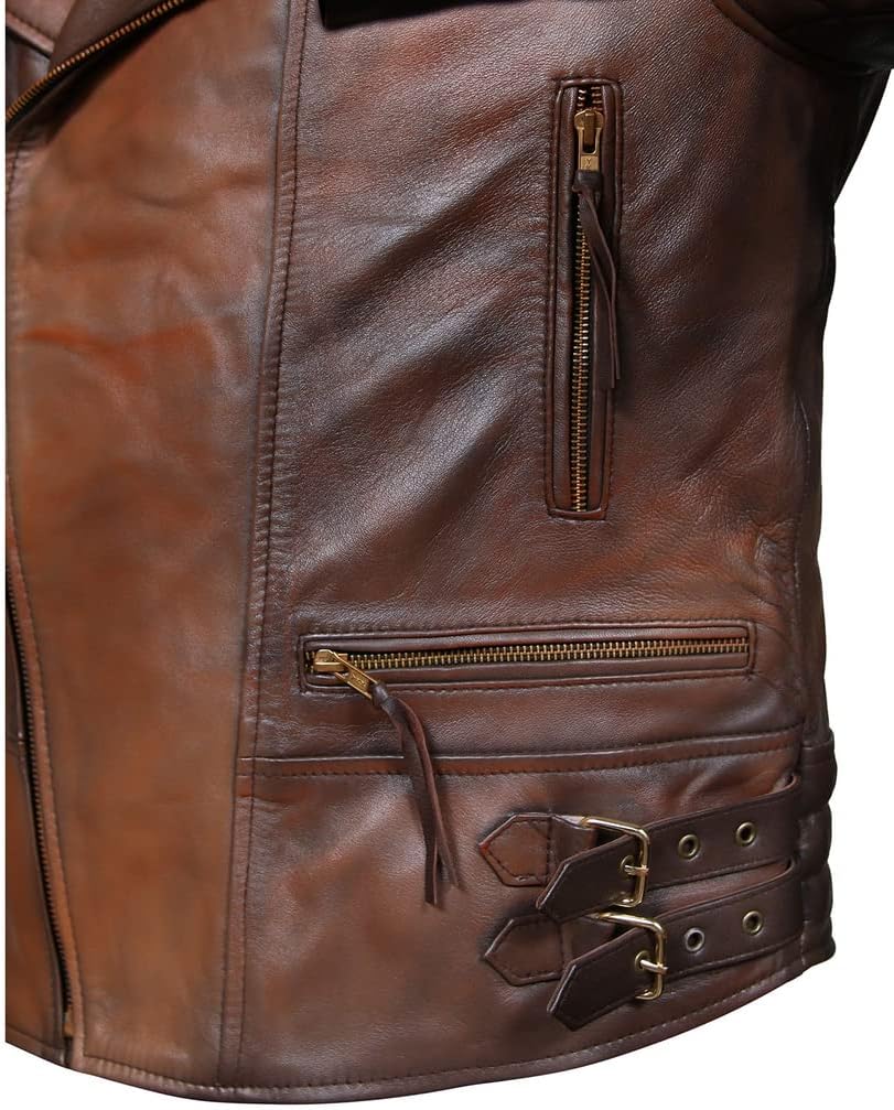 Mens Brown Leather Jacket - Distressed Brown Motorcycle Sheepskin Leather Biker Jacket - Vintage Diamond Quilted Brown Jacket