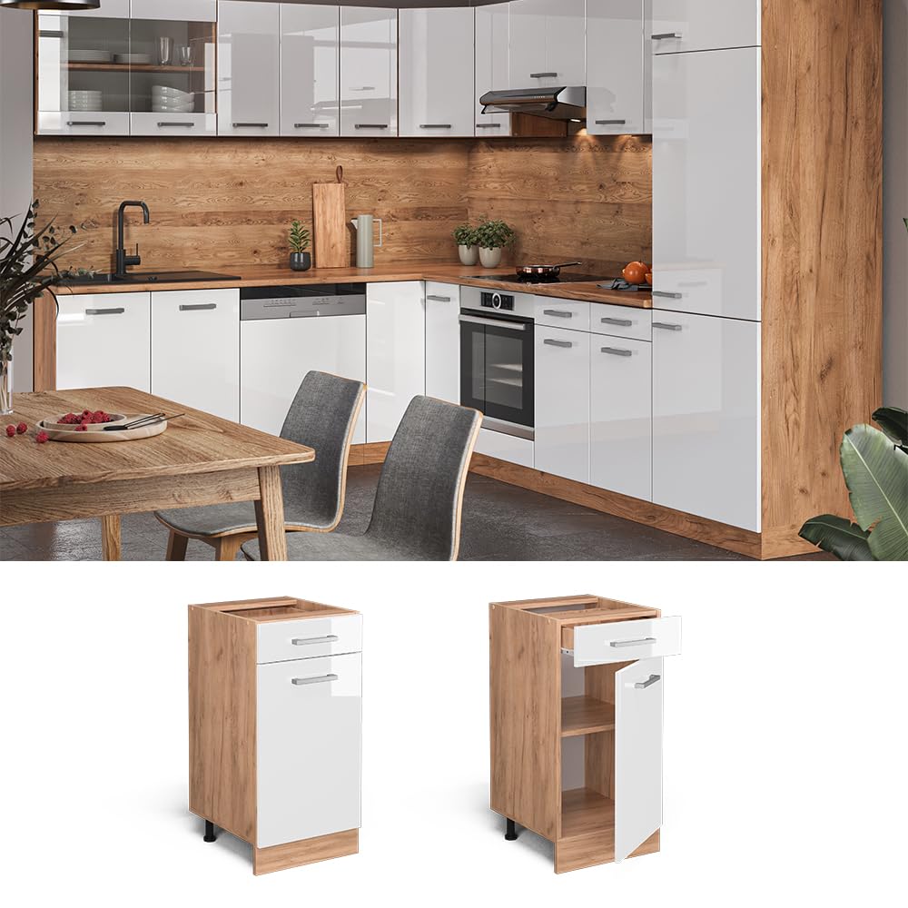 Vicco Mobiletto base per cucina R-Line, Bianco lucido, 40 cm senza piano di lavoro, per la libera combinazione all'interno di sistemi cucina modulari