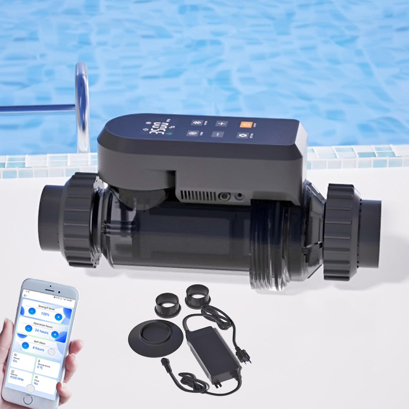 Generador de cloro salado para piscinas, sistema de cloración de agua salada con Wi-Fi y control de aplicación, panel digital inteligente, clorador de 25 g/h para agua limpia