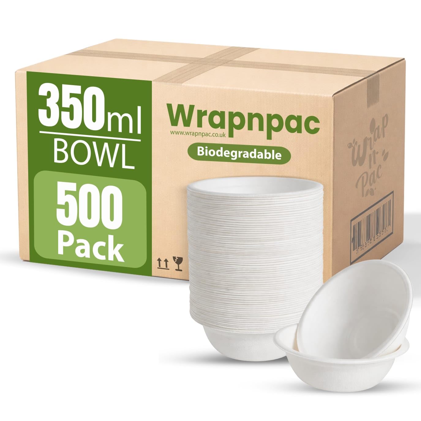 Wrap n Pac Biodegradable Bagasse Bowl 8oz/12oz Compostable, and Environment Friendly Bowl, Leak-Resistant Serving for Hot and Cold use, Microwave and Freezer Safe (500, 350ML)