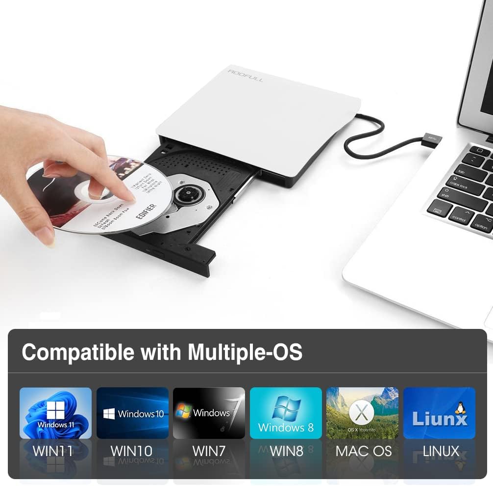 ROOFULL External CD DVD Drive USB 3.0 Type-C Portable DVD/CD ROM +/-RW Optical Drive Player Burner with Protective Storage Carrying Case for Apple Mac MacBook Pro/Air, Windows 11/10 Laptop PC, White