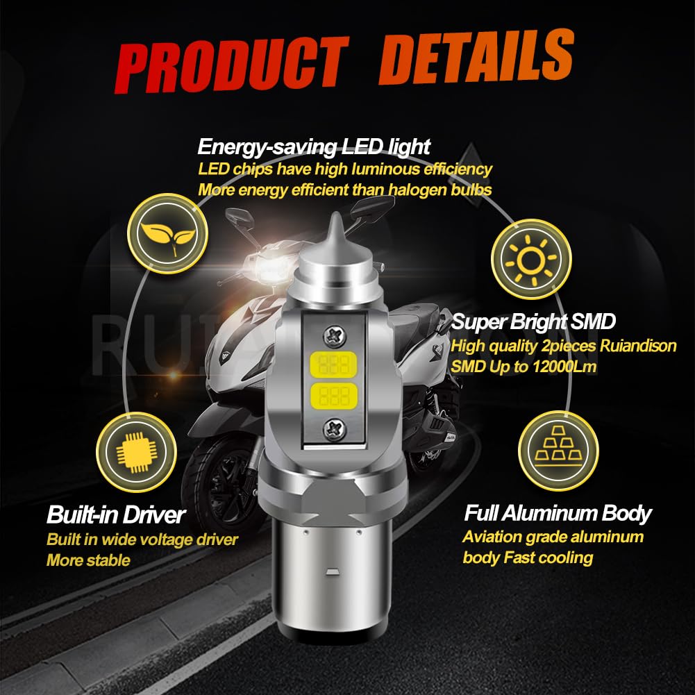 Ampoule LED BA20D Pour Phare De Moto - 27 LED 5050, Blanc Chaud 4300K, 6V - Neuf Emballé