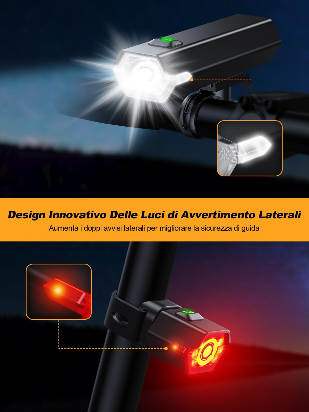 Glangeh Luci Bicicletta LED Ricaricabili USB, 4+6 Modalità & Impermeabile IP65 Luce Bici Potenti con Luce Laterali, Ricarica USB, Luci Posteriori per Moto per Guida Diurna/Notturna