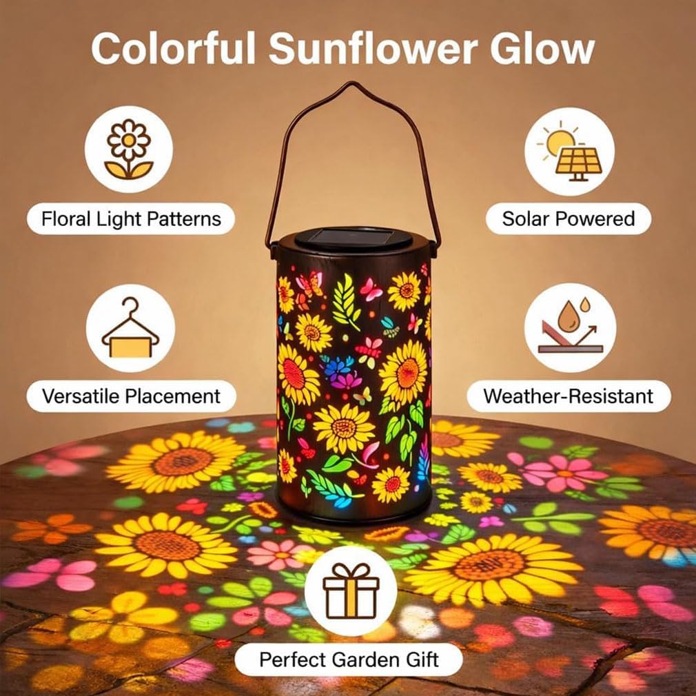 Colourful Sunflower Solar Garden Lantern, Hanging Solar Shade Lantern with Openwork Design, Sunflower Solar Lights for Outdoors, IP65 Waterproof Metal Retro LED Solar Lamp for Garden Patio
