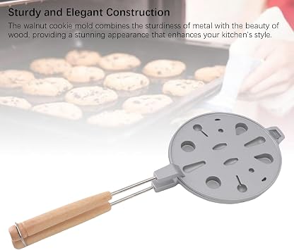 Walnut Cookie Mold Maker, 12 Holes Aluminum Alloy Non Stick Cookie Presses Biscuit Maker with Wooden Handle for Baking (Silver)