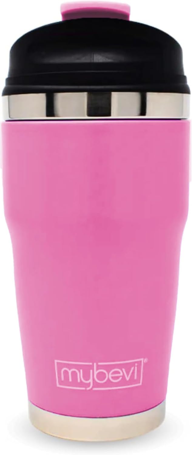 MyBevi Retro Wave Insulated Tumbler – Triple-Layer Vacuum Stainless Steel Coffee & Tea Travel Cup, Spill-Resistant Lid - 12 oz, Pink
