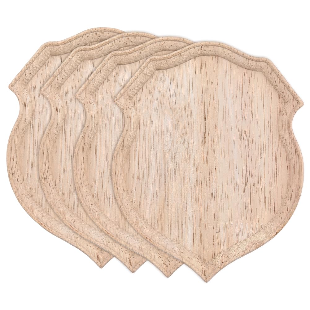 FINGERINSPIRE 4Pcs Unfinished Wooden Shield Plaque Blank 10.3x13cm Inner Diameter Wheat Color Unfinished Wood Craft Base Jewerlry Display Pedestal Blank Signboards for DIY Projects Home Wall Decor