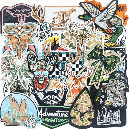 Meneng Western Hunting Patches Iron On: 27PCS Deer Elk Camo Embroidered Patch for Hat Backpack Jacket Vest - Fall Hunting Season Accessories for Men Dad Outdoorsman
