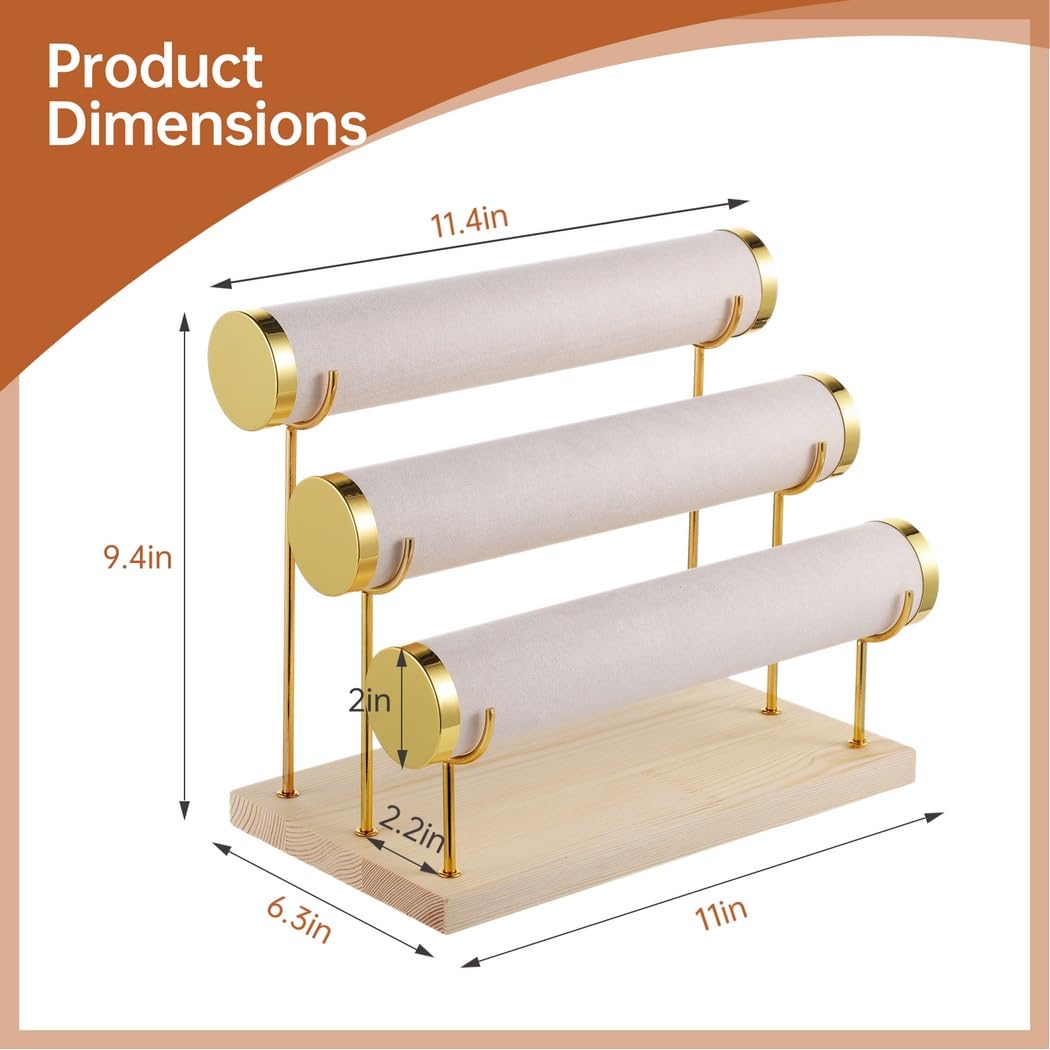 Soporte para pulsera, soporte de exhibición desmontable de 3 niveles, organizador de joyas de escritorio, soporte de joyería de terciopelo con base de madera, para brazaletes, relojes, collares