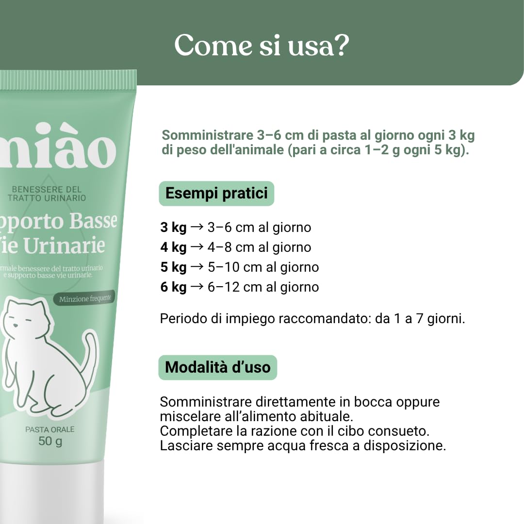 Miào Supporto Basse Vie Urinarie Gatto Pasta – Aiuto per Cistite, Minzione Frequente, Stimolo Continuo, Benessere Vescica, Facile Somministrazione